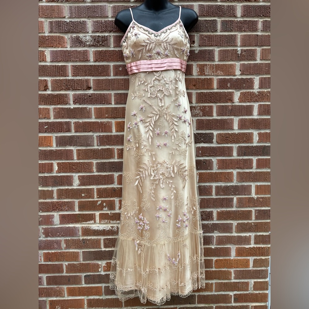 Sue Wong Pink and Cream Embroidered Maxi Dress